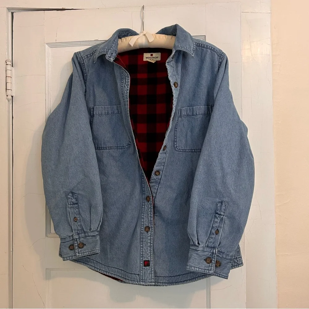 Woolrich Blanket Fleece Lined Jean Jacket Women’s Shacket Buffalo Plaid Sz M - Picture 2 of 10